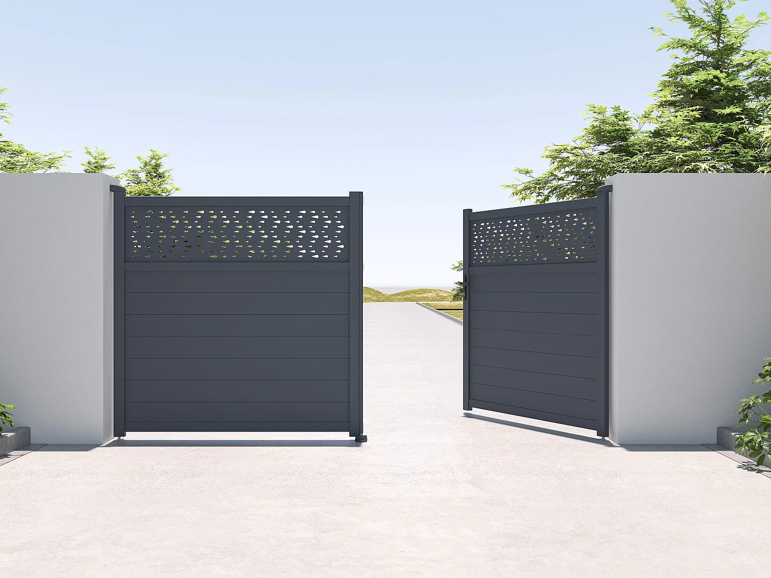 Elektrisk slaggrind i aluminium halvt solid med mönster B355 x H181 cm antracitgrå - BAZIO