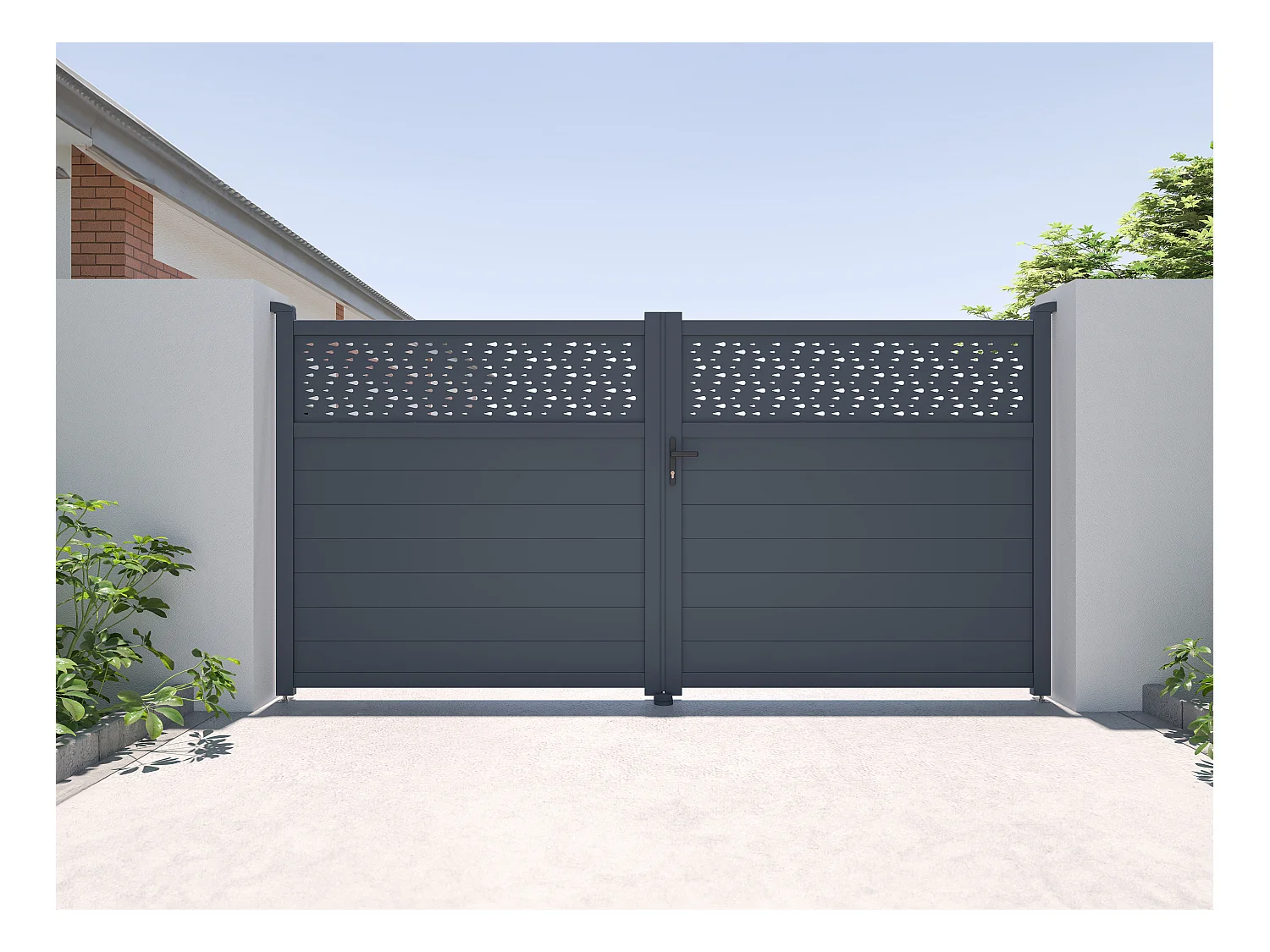 Portail électrique battant aluminium semi plein à motifs L355 x H181 cm anthracite - BAZIO