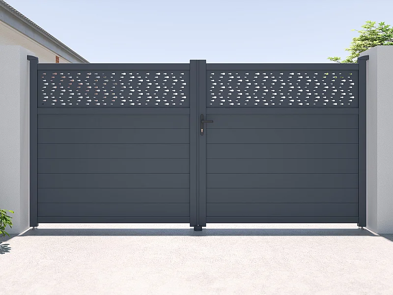 Portail électrique battant aluminium semi plein à motifs L355 x H181 cm anthracite - BAZIO