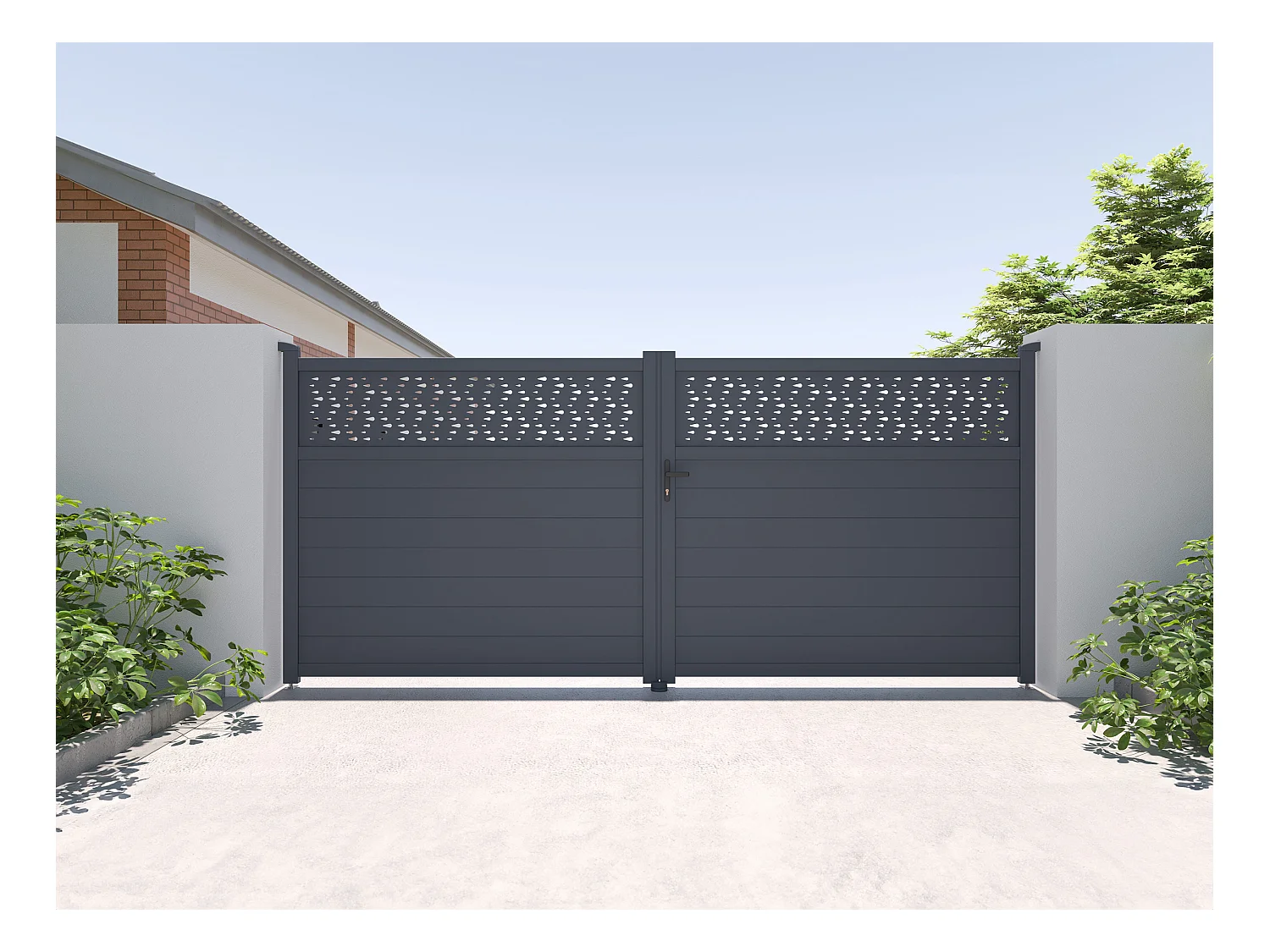 Portail électrique battant aluminium semi plein à motifs L397 x H181 cm anthracite - BAZIO