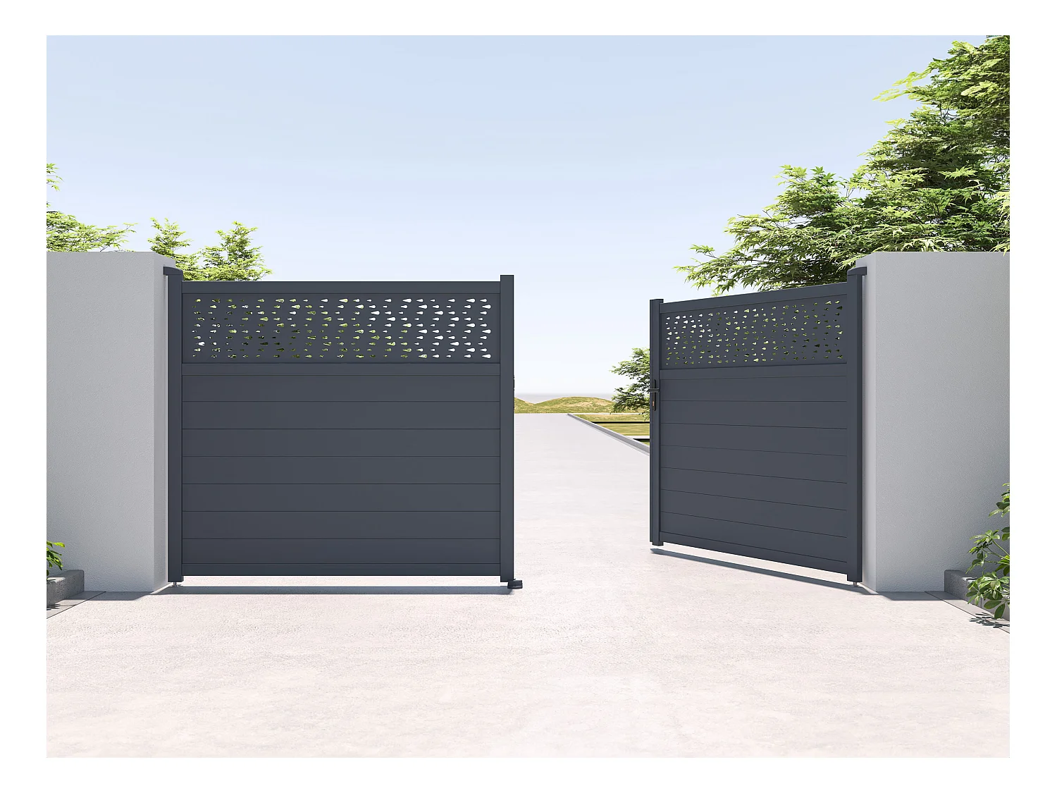 Portail électrique battant aluminium semi plein à motifs L397 x H181 cm anthracite - BAZIO