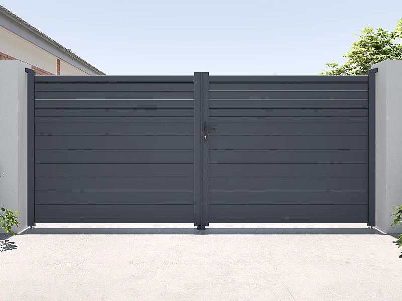 Cancello elettrico a battente L397 x H181 cm Alluminio a persiana Antracite  - VIAZO