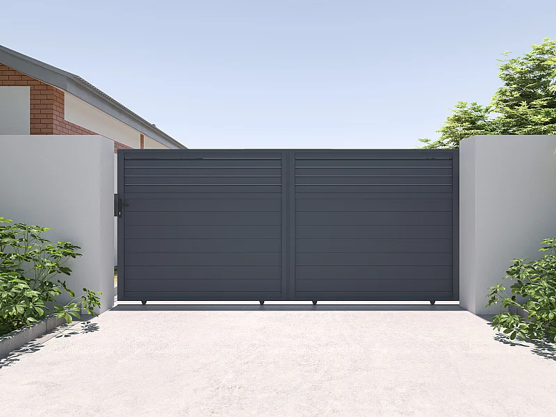 Elektrische schuifpoort in aluminium met jaloezievorm L416 x H180 cm donkergrijs - VIAZO