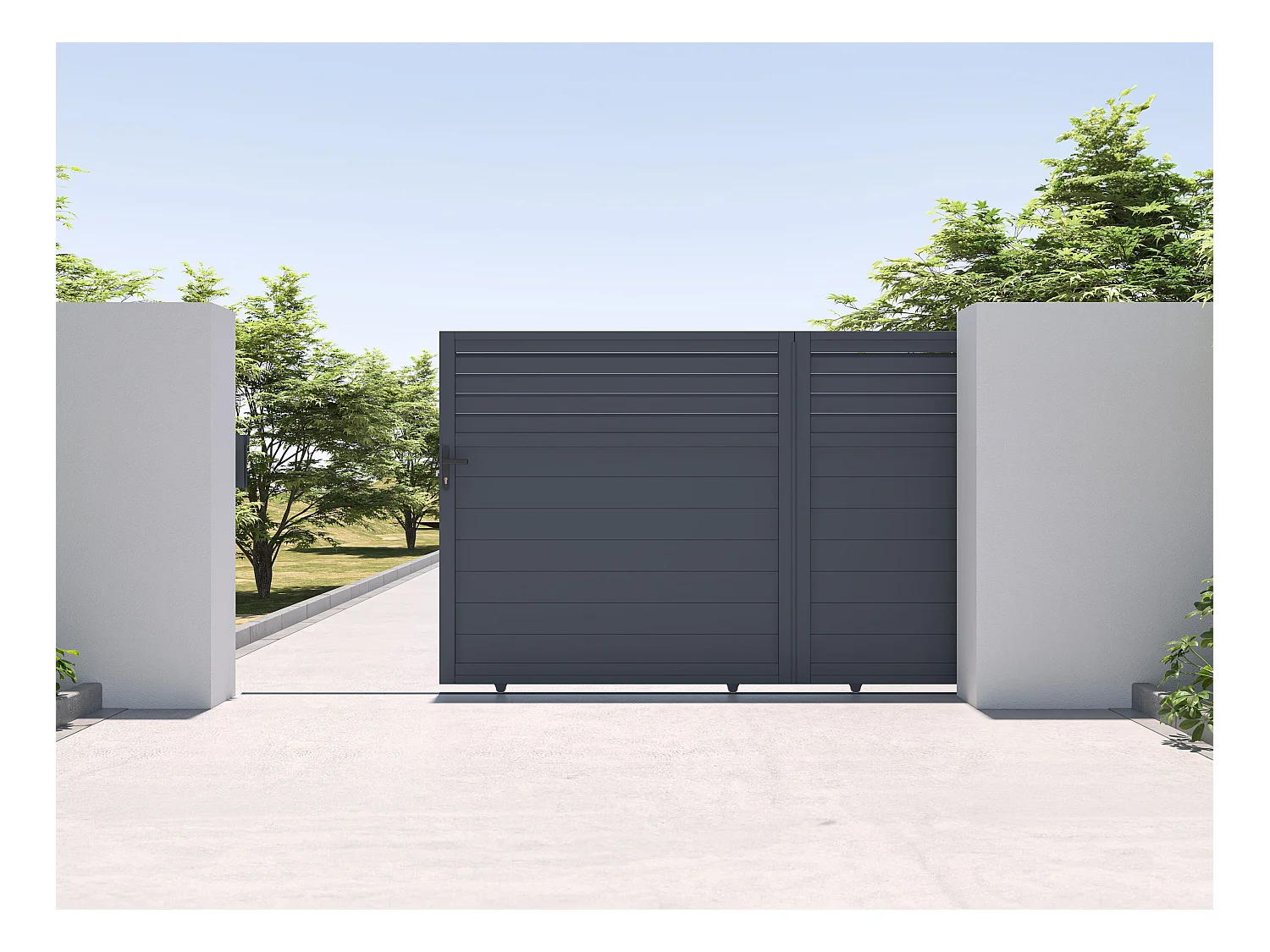 Portail électrique coulissant aluminium persienné L374 x H180 cm anthracite - VIAZO