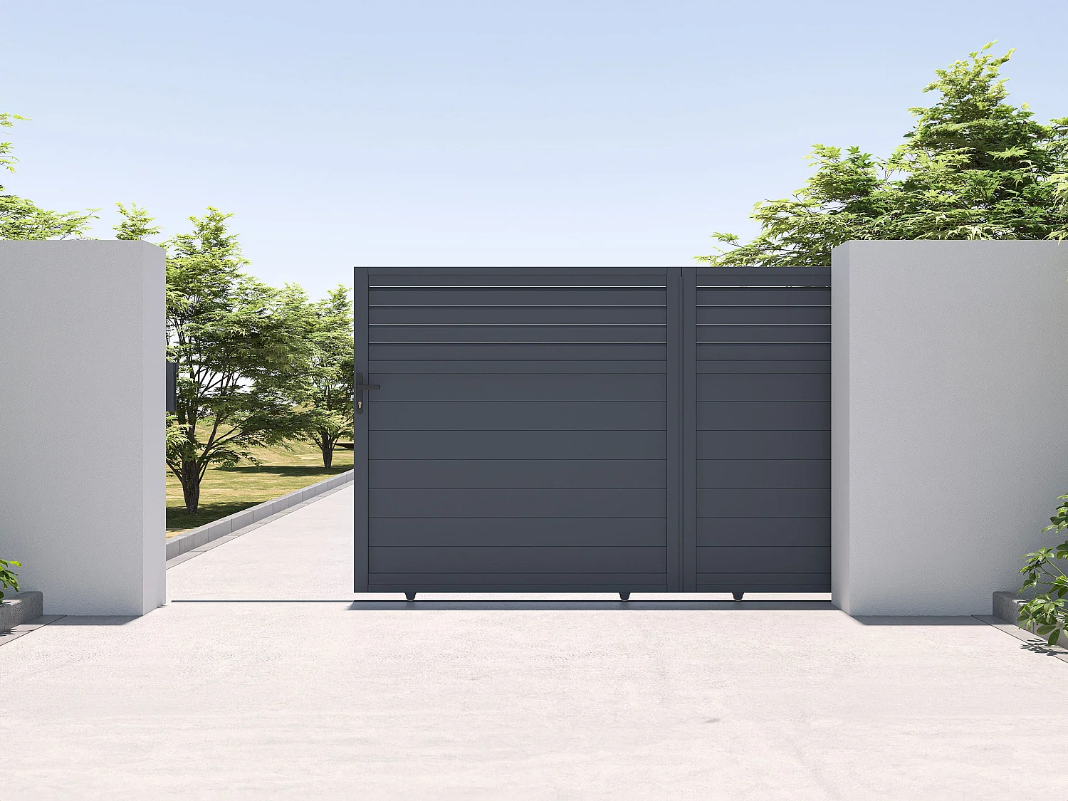 Portail électrique coulissant aluminium persienné L374 x H180 cm anthracite - VIAZO