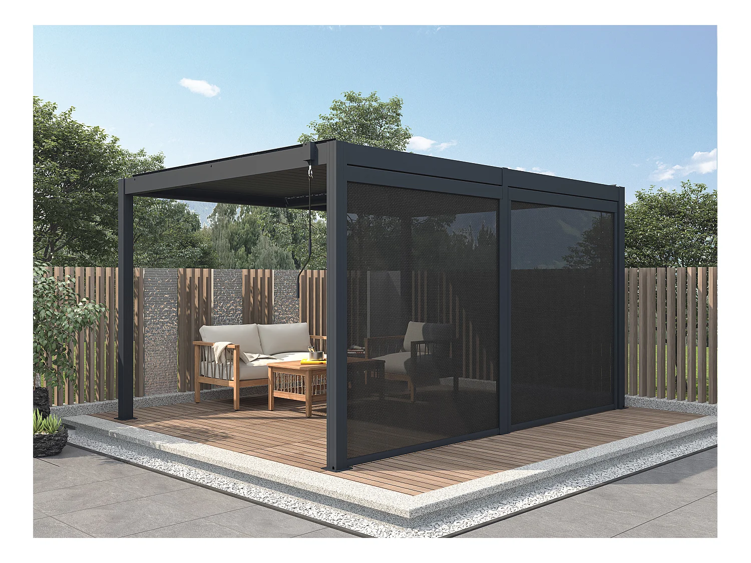 Pergola bioclimatique autoportante anthracite  en aluminium avec lames orientables et rideau rétractable L3,67 m - 12 m² -  CASSAPIA