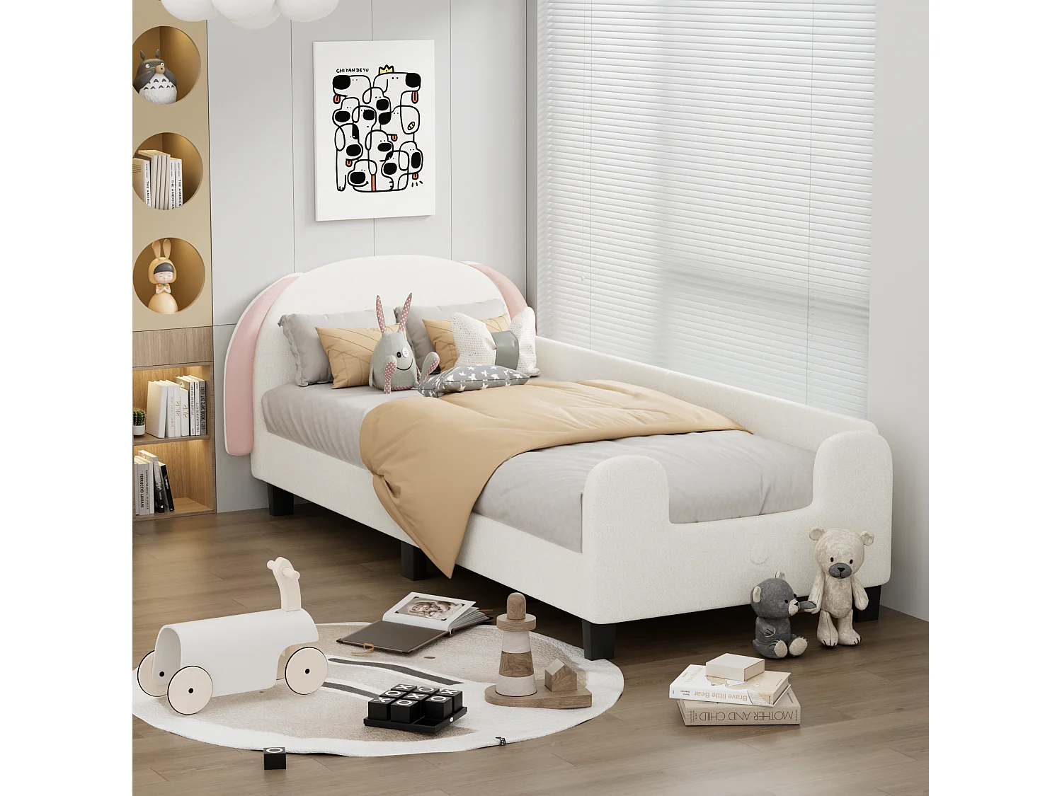 Lit enfant avec tête de lit - 90 x 200 cm - tissu Sherpa - sommier à lattes - blanc + rose