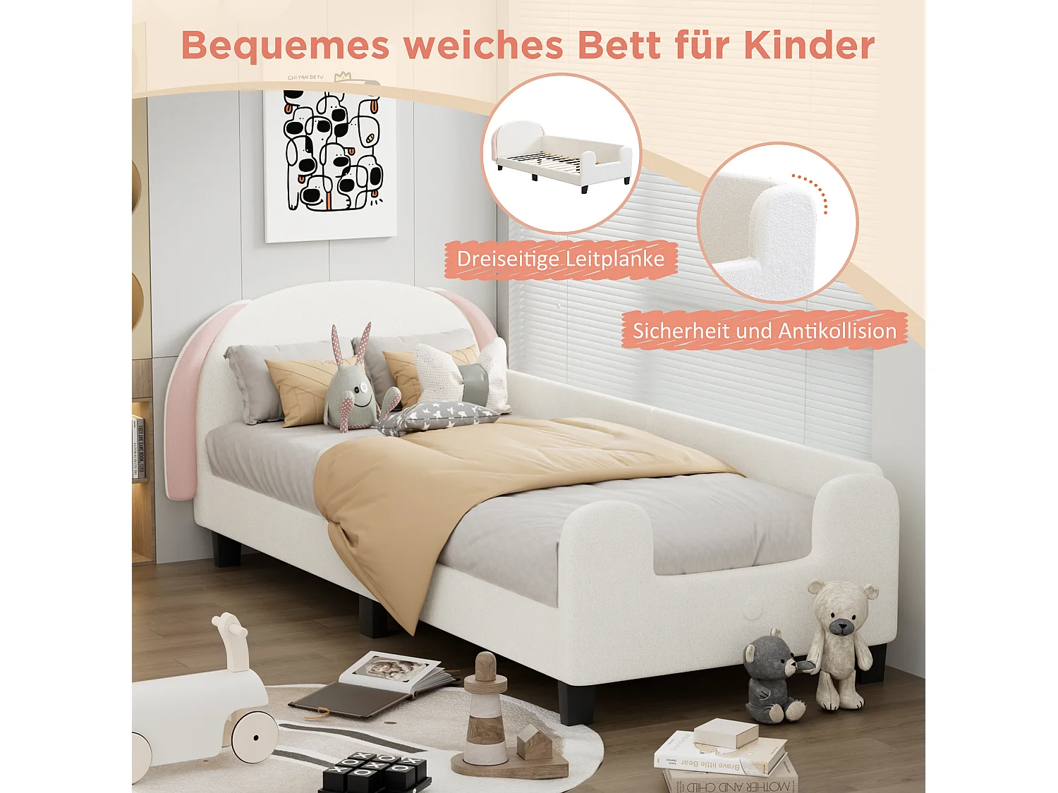 Lit enfant avec tête de lit - 90 x 200 cm - tissu Sherpa - sommier à lattes - blanc + rose