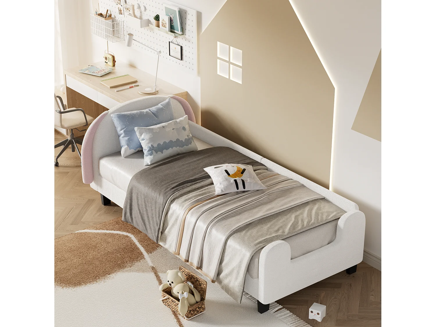 Lit enfant avec tête de lit - 90 x 200 cm - tissu Sherpa - sommier à lattes - blanc + rose