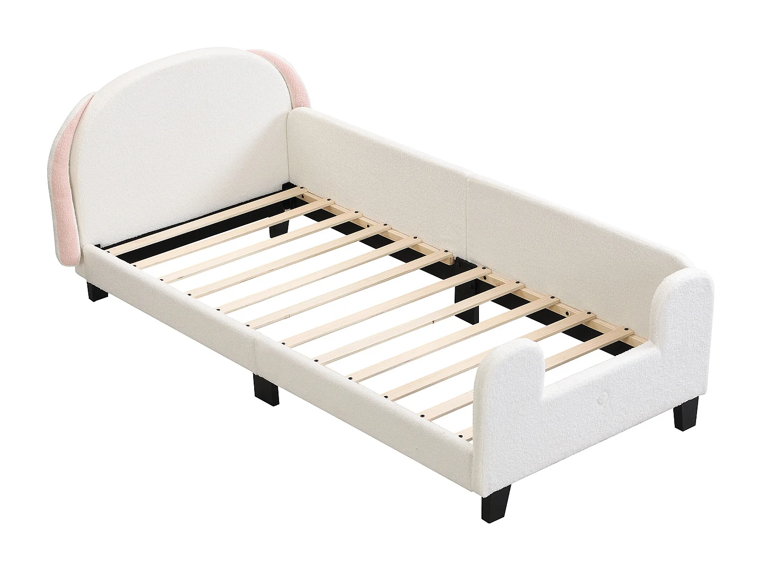 Lit enfant avec tête de lit - 90 x 200 cm - tissu Sherpa - sommier à lattes - blanc + rose