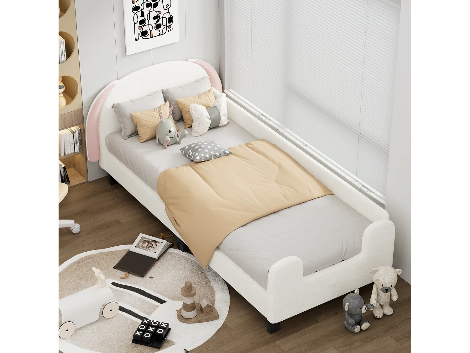 Lit enfant avec tête de lit - 90 x 200 cm - tissu Sherpa - sommier à lattes - blanc + rose