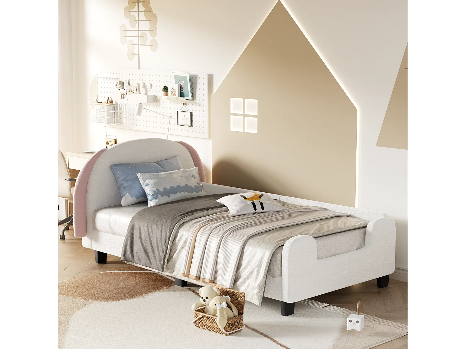 Lit enfant avec tête de lit - 90 x 200 cm - tissu Sherpa - sommier à lattes - blanc + rose