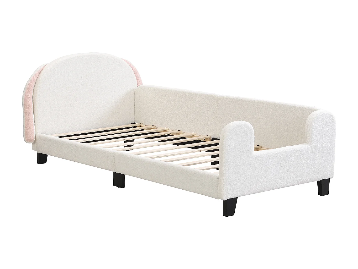 Lit enfant avec tête de lit - 90 x 200 cm - tissu Sherpa - sommier à lattes - blanc + rose
