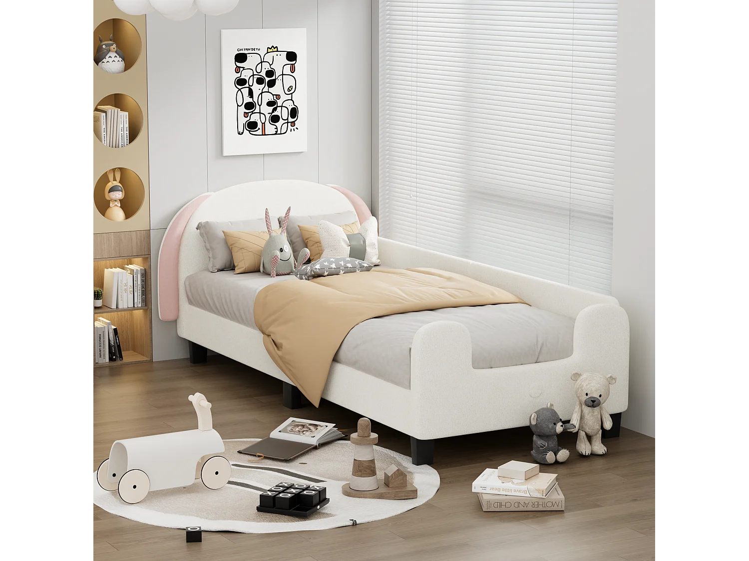 Lit enfant avec tête de lit - 90 x 200 cm - tissu Sherpa - sommier à lattes - blanc + rose