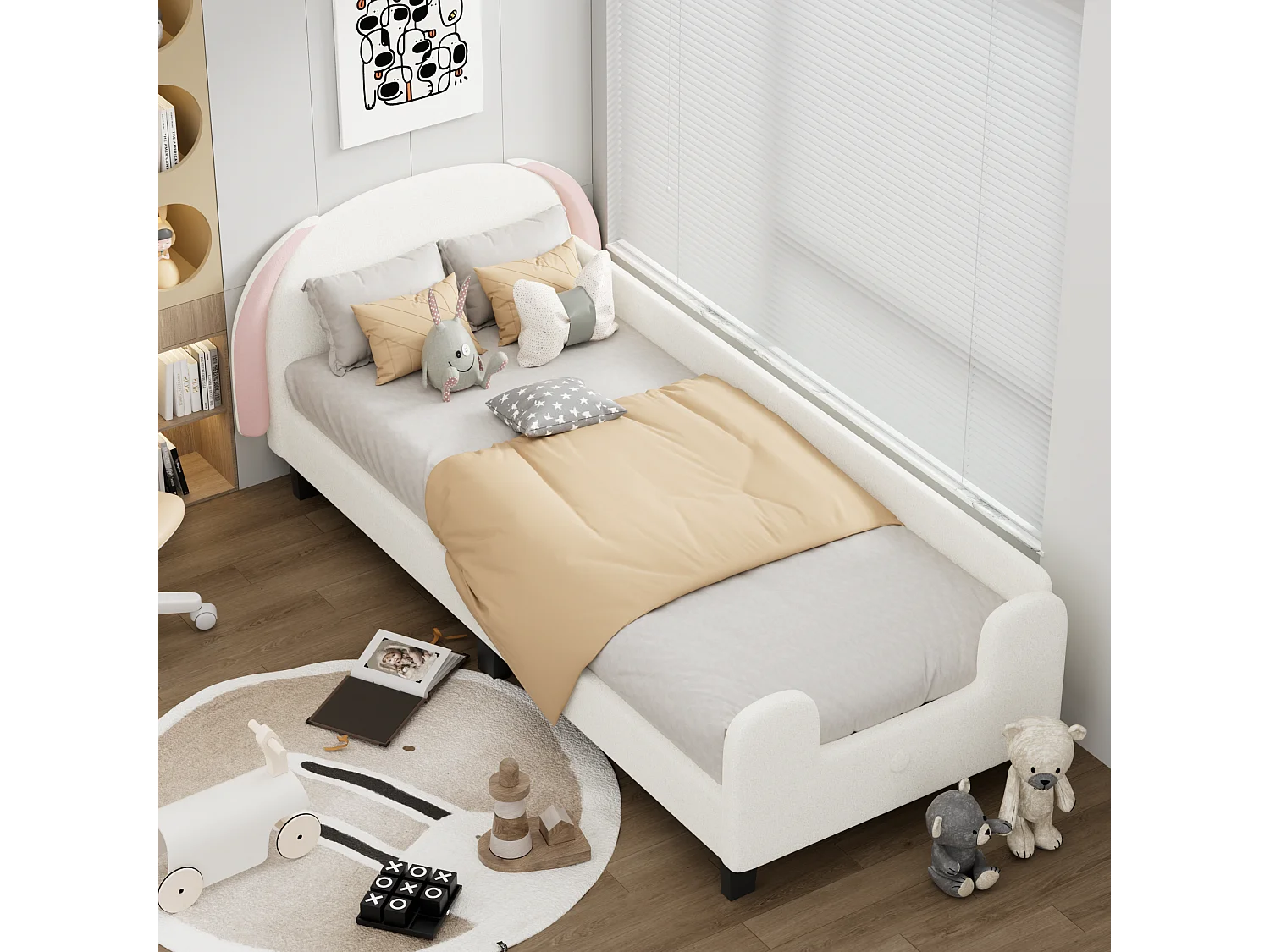 Lit enfant avec tête de lit - 90 x 200 cm - tissu Sherpa - sommier à lattes - blanc + rose