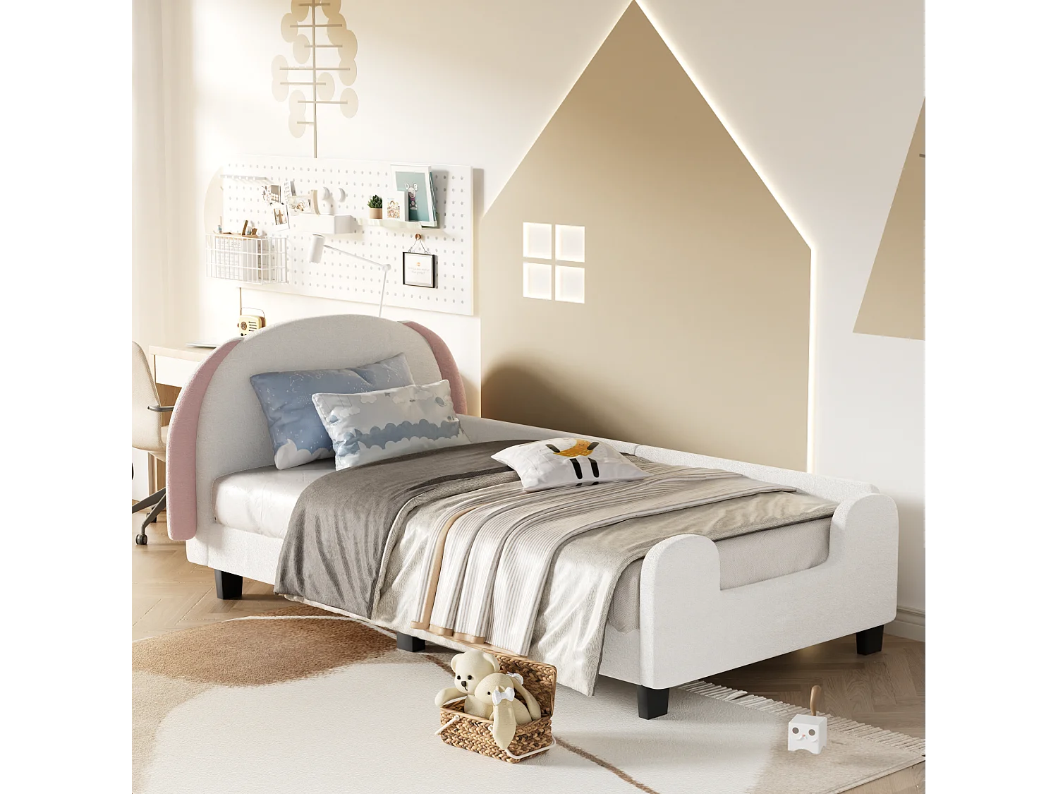 Lit enfant avec tête de lit - 90 x 200 cm - tissu Sherpa - sommier à lattes - blanc + rose