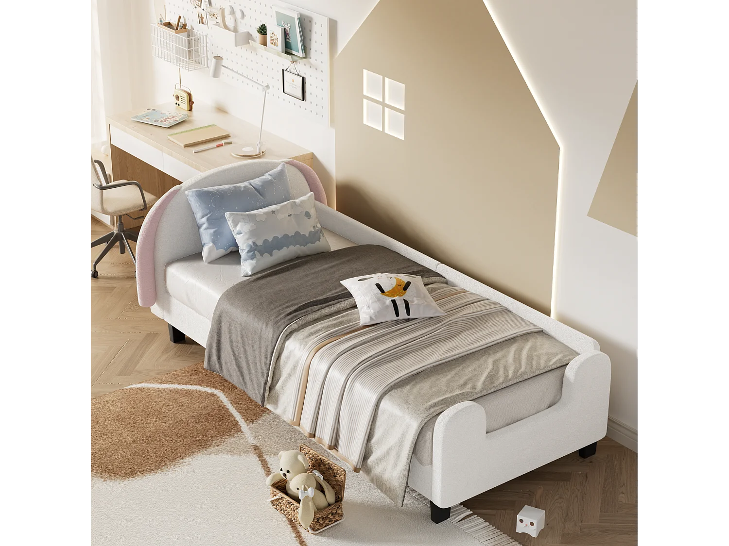 Lit enfant avec tête de lit - 90 x 200 cm - tissu Sherpa - sommier à lattes - blanc + rose