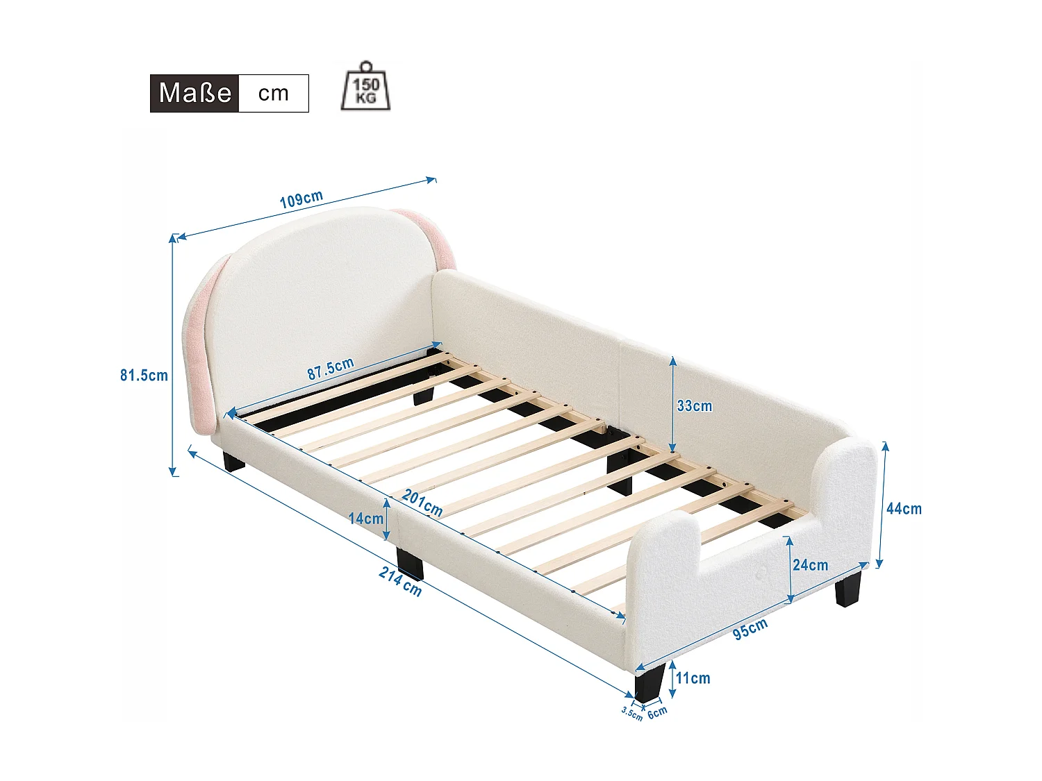 Lit enfant avec tête de lit - 90 x 200 cm - tissu Sherpa - sommier à lattes - blanc + rose
