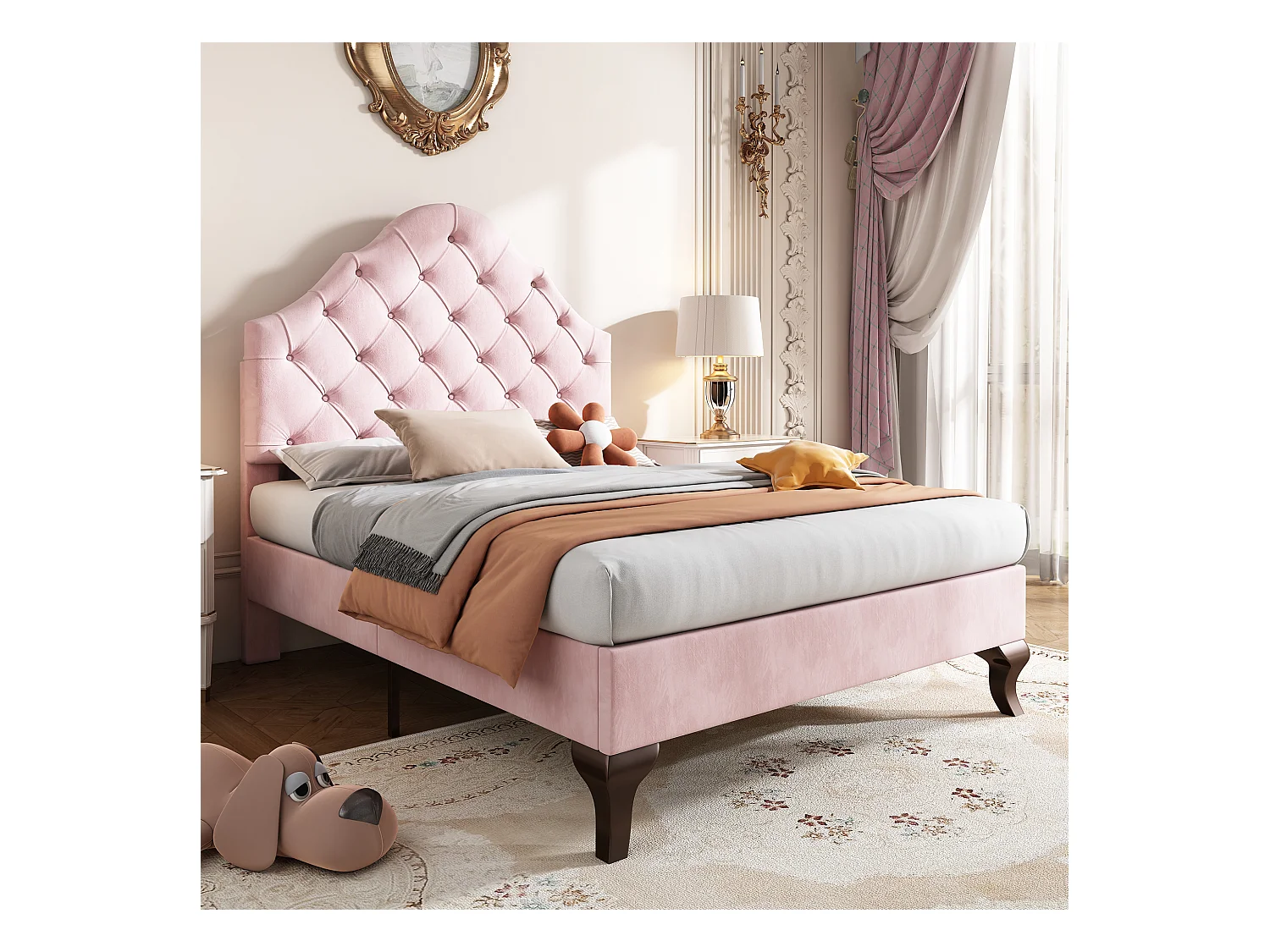 Lit avec tête de lit réglable pour enfant - 90 x 200 cm - velours - style scandinave - rose