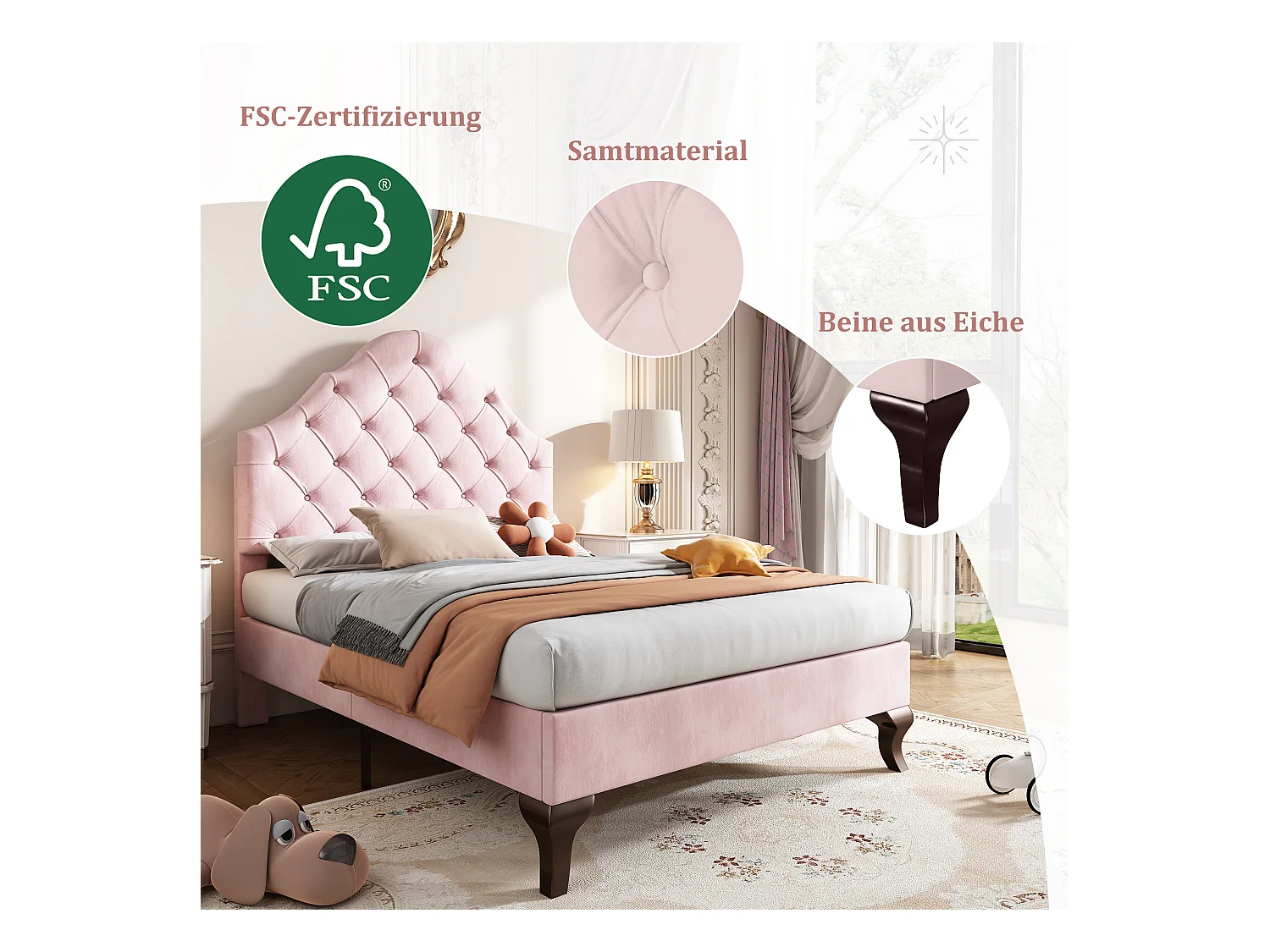 Letto con testiera regolabile per bambini - 90 x 200 cm - velluto - stile scandinavo - rosa