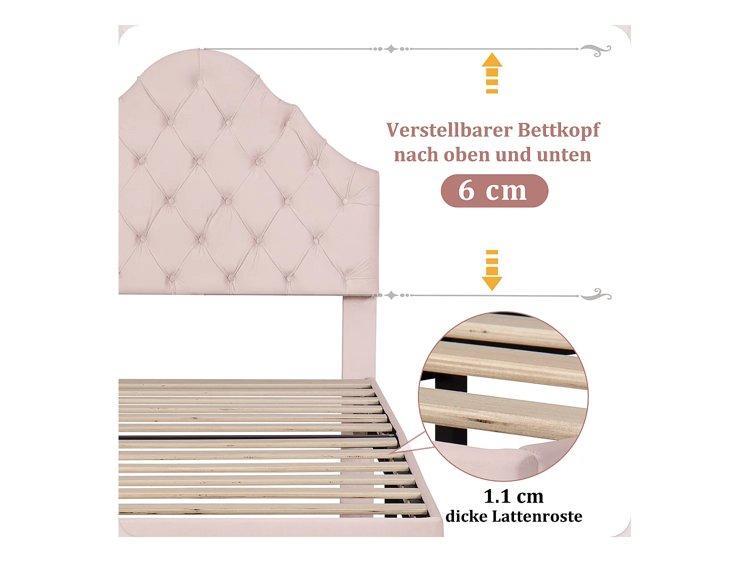 Letto con testiera regolabile per bambini - 90 x 200 cm - velluto - stile scandinavo - rosa