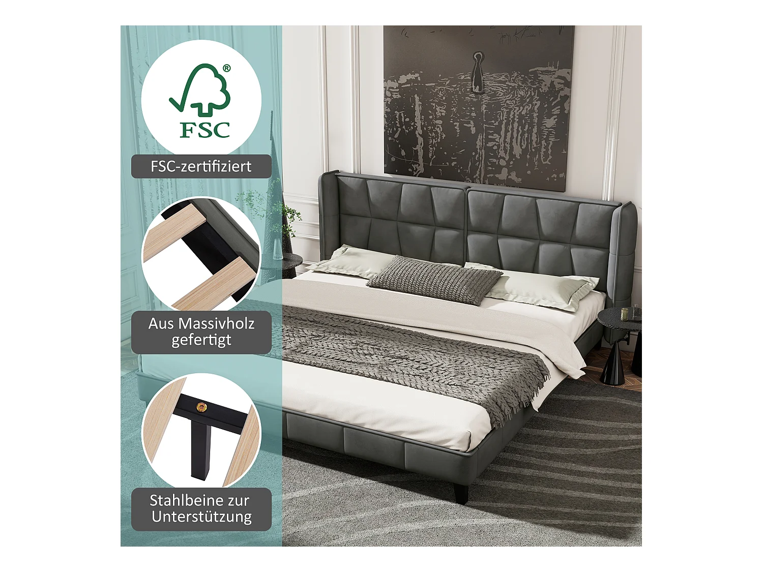 Polsterbett mit Kopfteil – 160 x 200 cm – Samt – für Erwachsene & Jugendliche – Grau