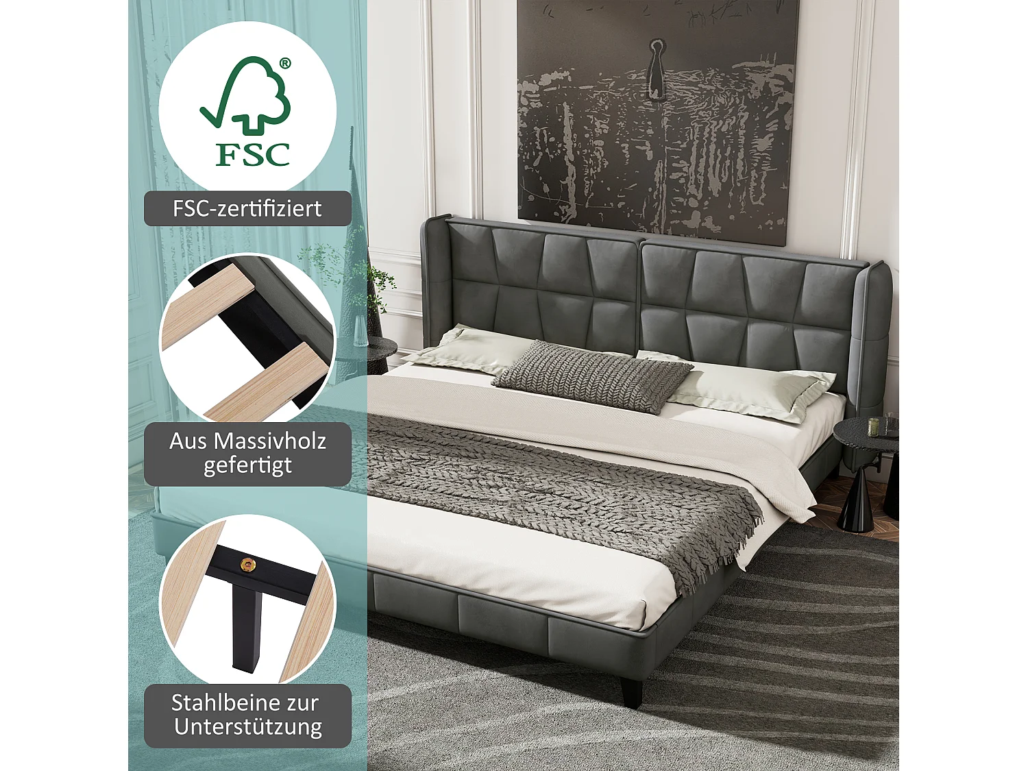 Gestoffeerd bed met hoofdeinde - 160 x 200 cm - fluweel - voor volwassenen & tieners - grijs