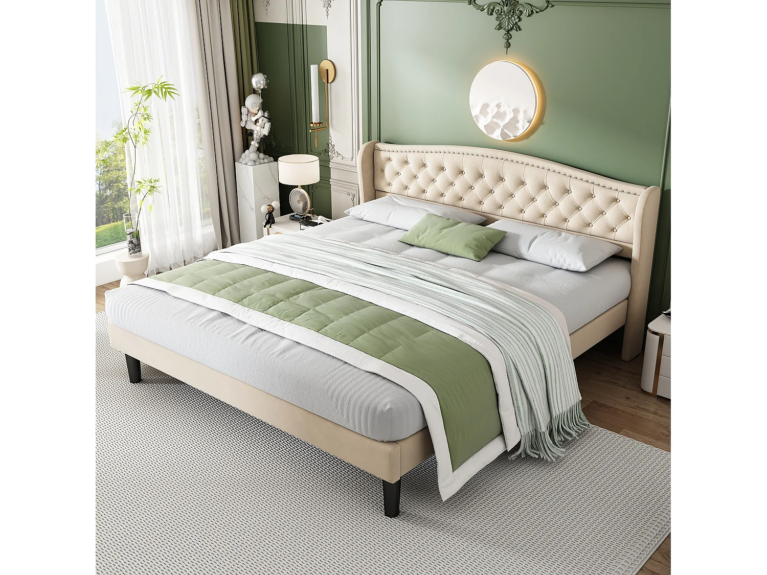 Volwassen bed met hoofdeinde 140 x 200 cm in fluweel - knoopdecoratie - Scandinavische stijl - beige