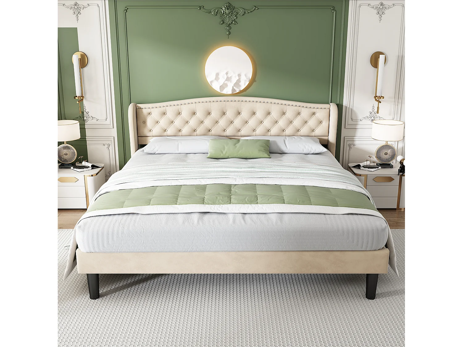 Volwassen bed met hoofdeinde 140 x 200 cm in fluweel - knoopdecoratie - Scandinavische stijl - beige