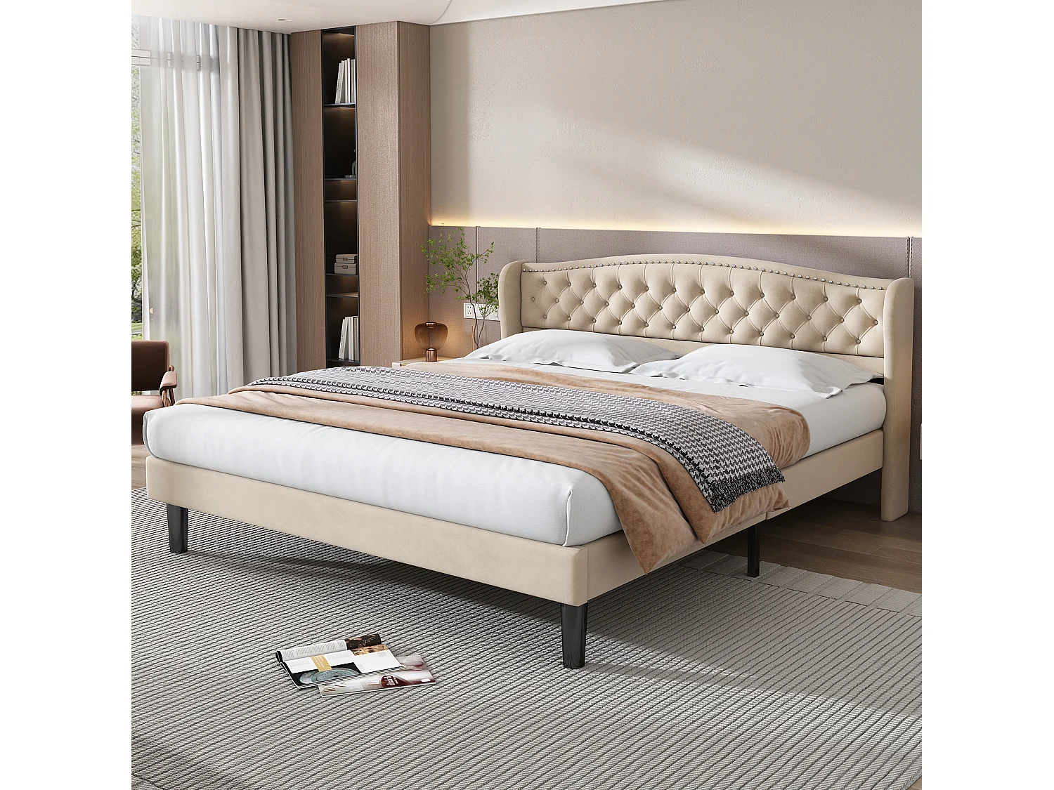 Volwassen bed met hoofdeinde 140 x 200 cm in fluweel - knoopdecoratie - Scandinavische stijl - beige