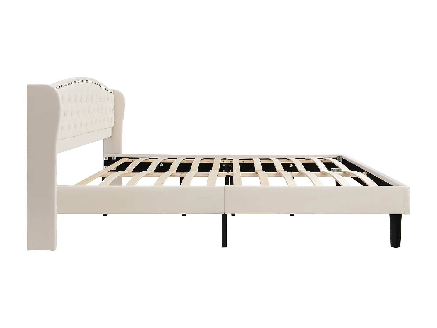 Volwassen bed met hoofdeinde 140 x 200 cm in fluweel - knoopdecoratie - Scandinavische stijl - beige