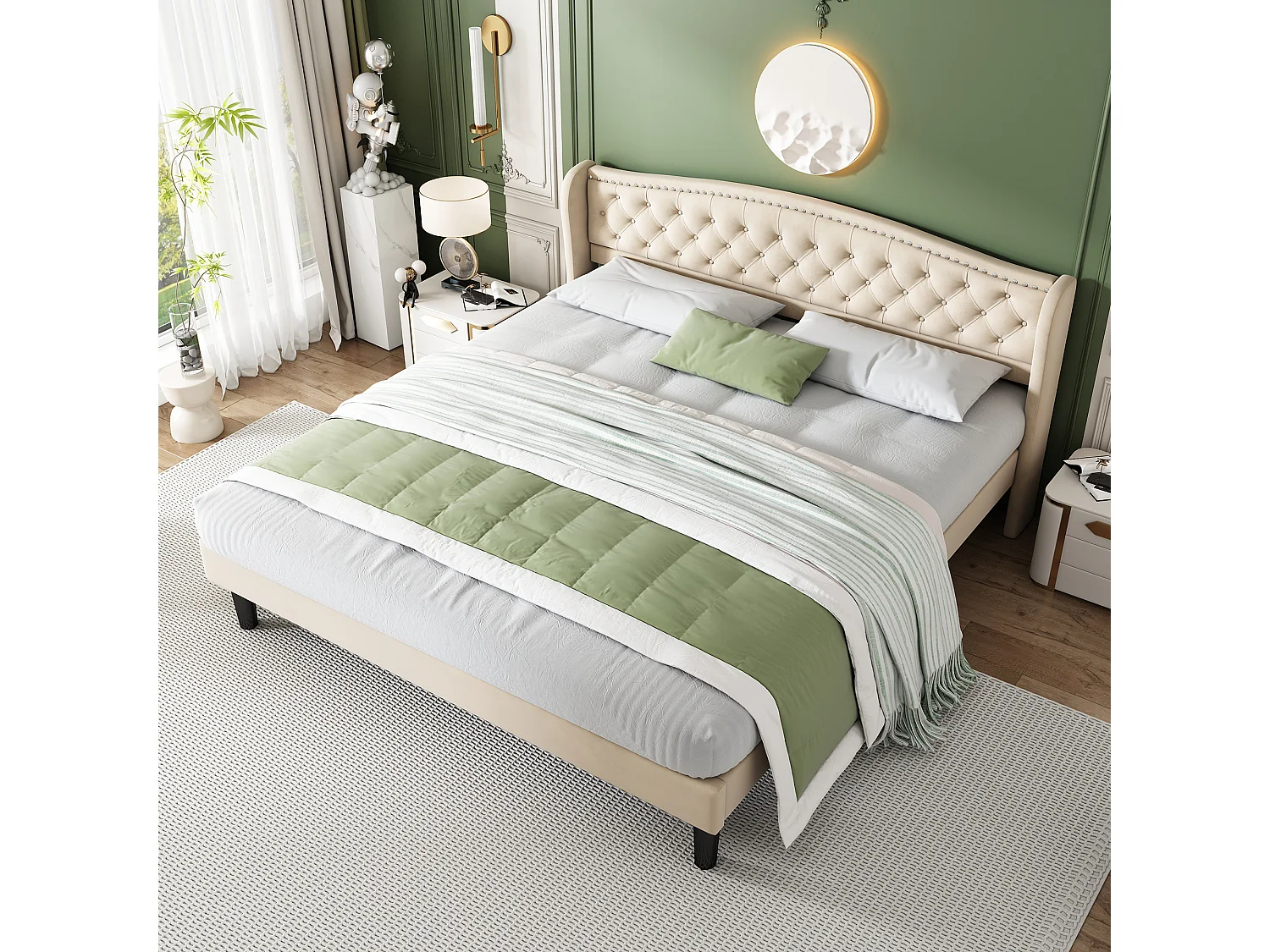 Volwassen bed met hoofdeinde 140 x 200 cm in fluweel - knoopdecoratie - Scandinavische stijl - beige