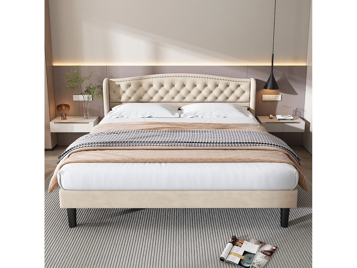 Volwassen bed met hoofdeinde 140 x 200 cm in fluweel - knoopdecoratie - Scandinavische stijl - beige