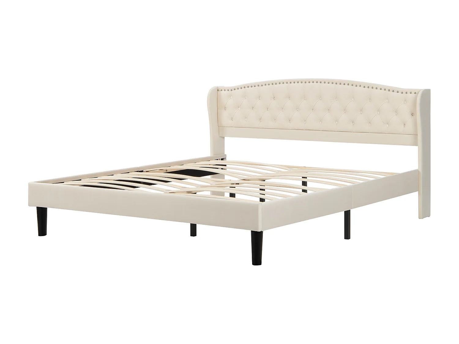 Volwassen bed met hoofdeinde 140 x 200 cm in fluweel - knoopdecoratie - Scandinavische stijl - beige