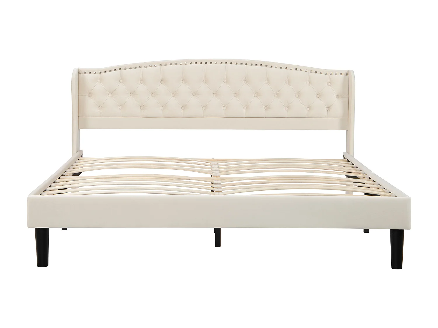 Volwassen bed met hoofdeinde 140 x 200 cm in fluweel - knoopdecoratie - Scandinavische stijl - beige