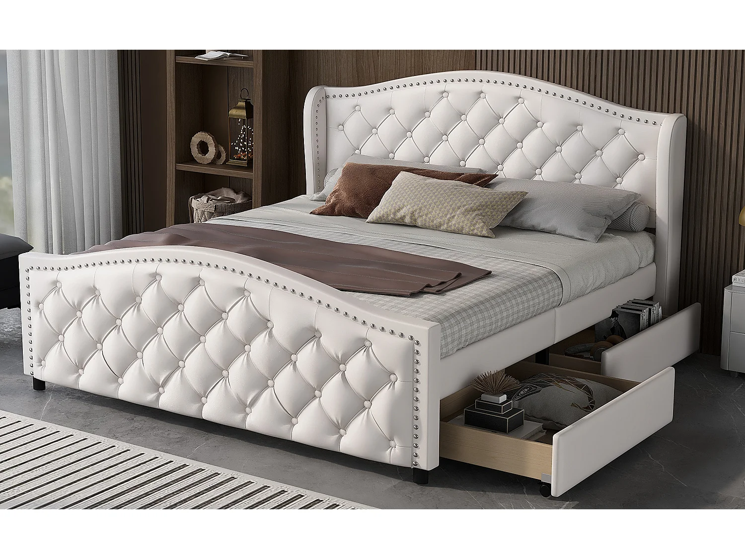 Letto imbottito con testiera e 2 cassetti - 160 x 200 cm - Pelle PU - Stile scandinavo - Bianco