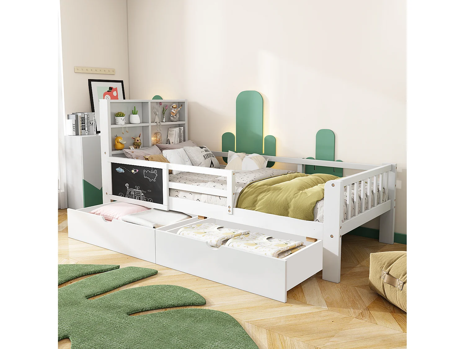 Cama 90x200 cm con cabecero - 2 cajones y estantes - madera y somier - para niños - blanco
