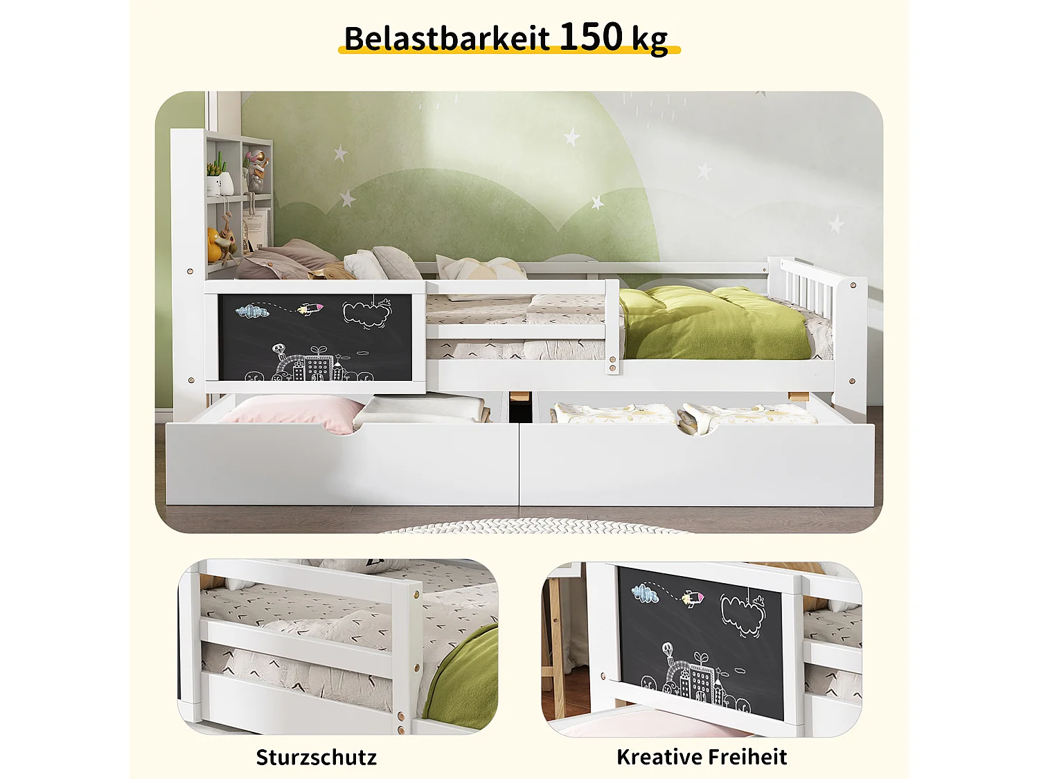 Cama 90x200 cm con cabecero - 2 cajones y estantes - madera y somier - para niños - blanco