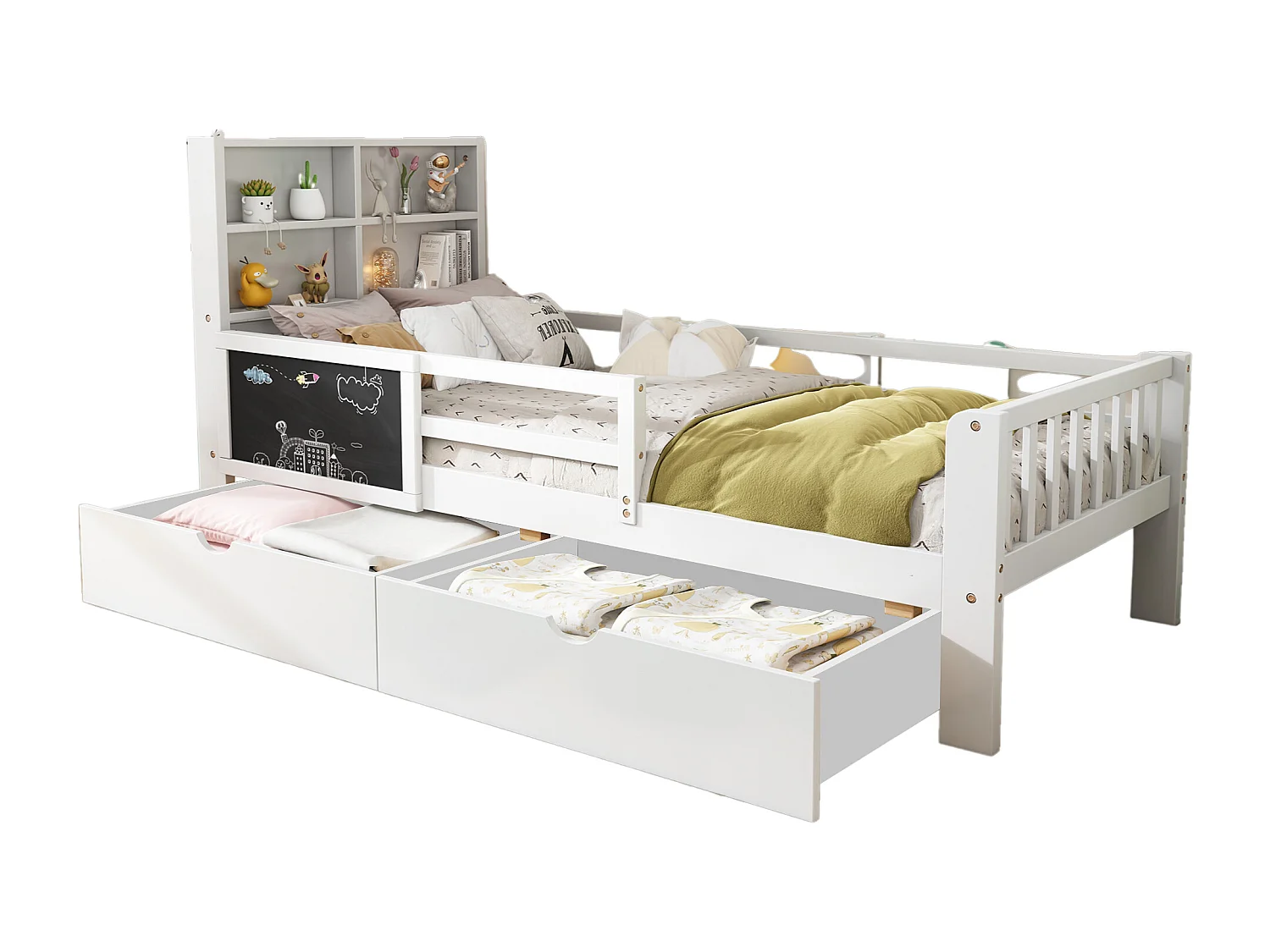 Cama 90x200 cm con cabecero - 2 cajones y estantes - madera y somier - para niños - blanco