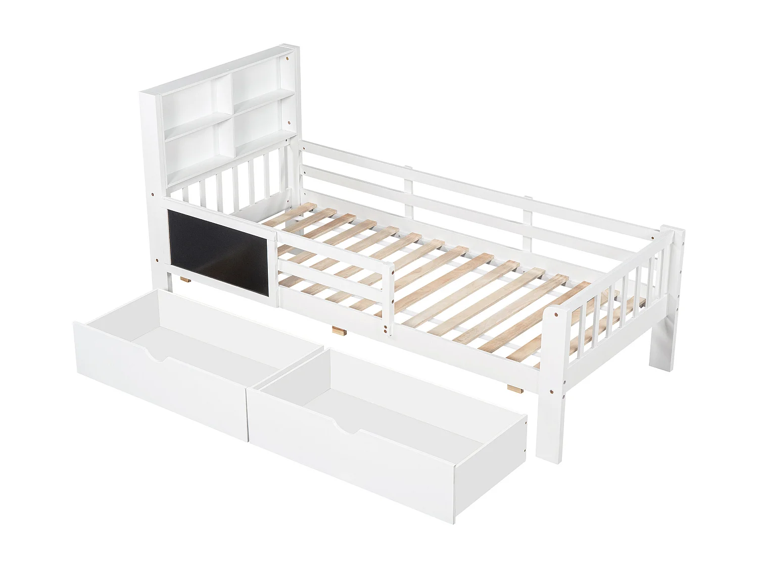 Cama 90x200 cm con cabecero - 2 cajones y estantes - madera y somier - para niños - blanco