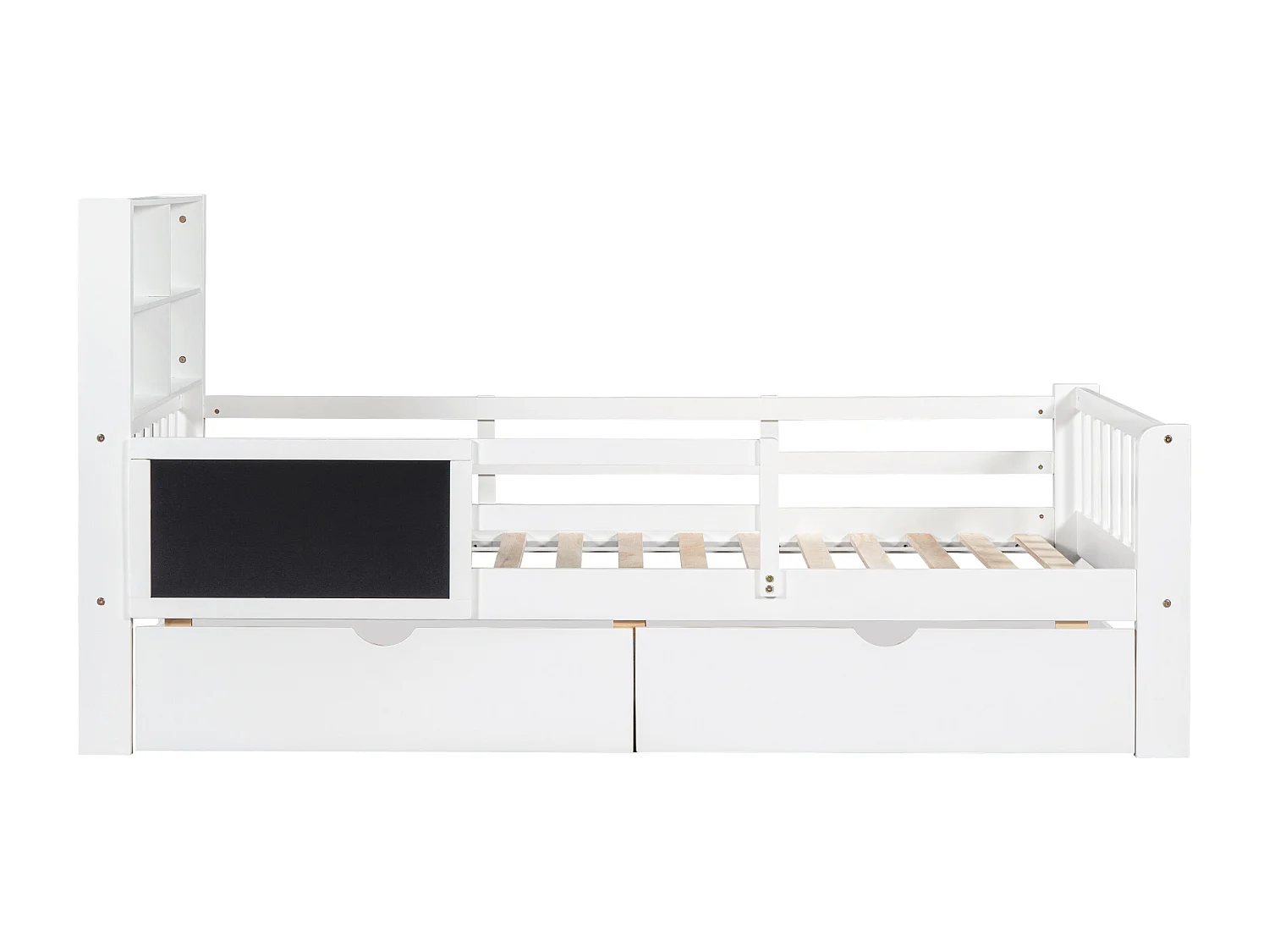 Cama 90x200 cm con cabecero - 2 cajones y estantes - madera y somier - para niños - blanco