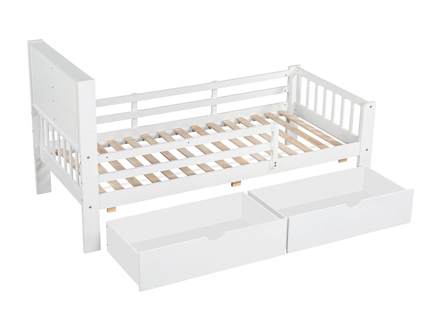 Cama 90x200 cm con cabecero - 2 cajones y estantes - madera y somier - para niños - blanco