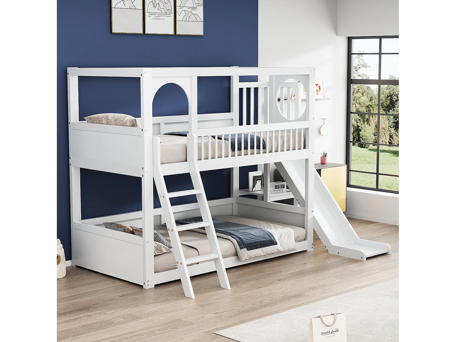 Stapelbed (2 x 90 x 200 cm) met planken en glijbaan - Kinderhoogslaper van massief hout - Lattenbodem - Wit