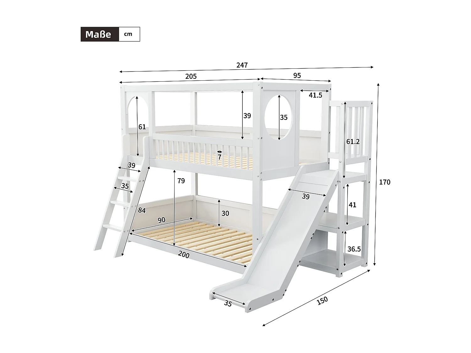 Stapelbed (2 x 90 x 200 cm) met planken en glijbaan - Kinderhoogslaper van massief hout - Lattenbodem - Wit