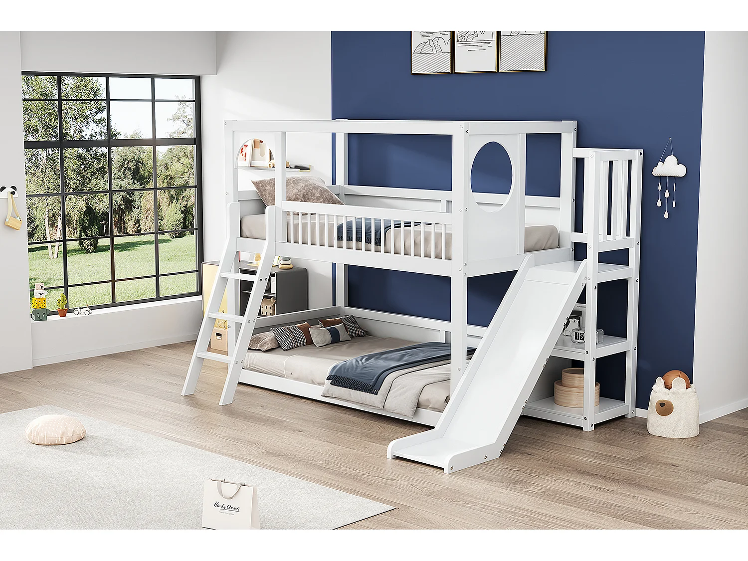 Stapelbed (2 x 90 x 200 cm) met planken en glijbaan - Kinderhoogslaper van massief hout - Lattenbodem - Wit