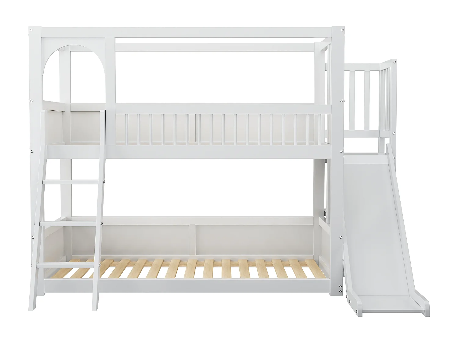 Stapelbed (2 x 90 x 200 cm) met planken en glijbaan - Kinderhoogslaper van massief hout - Lattenbodem - Wit