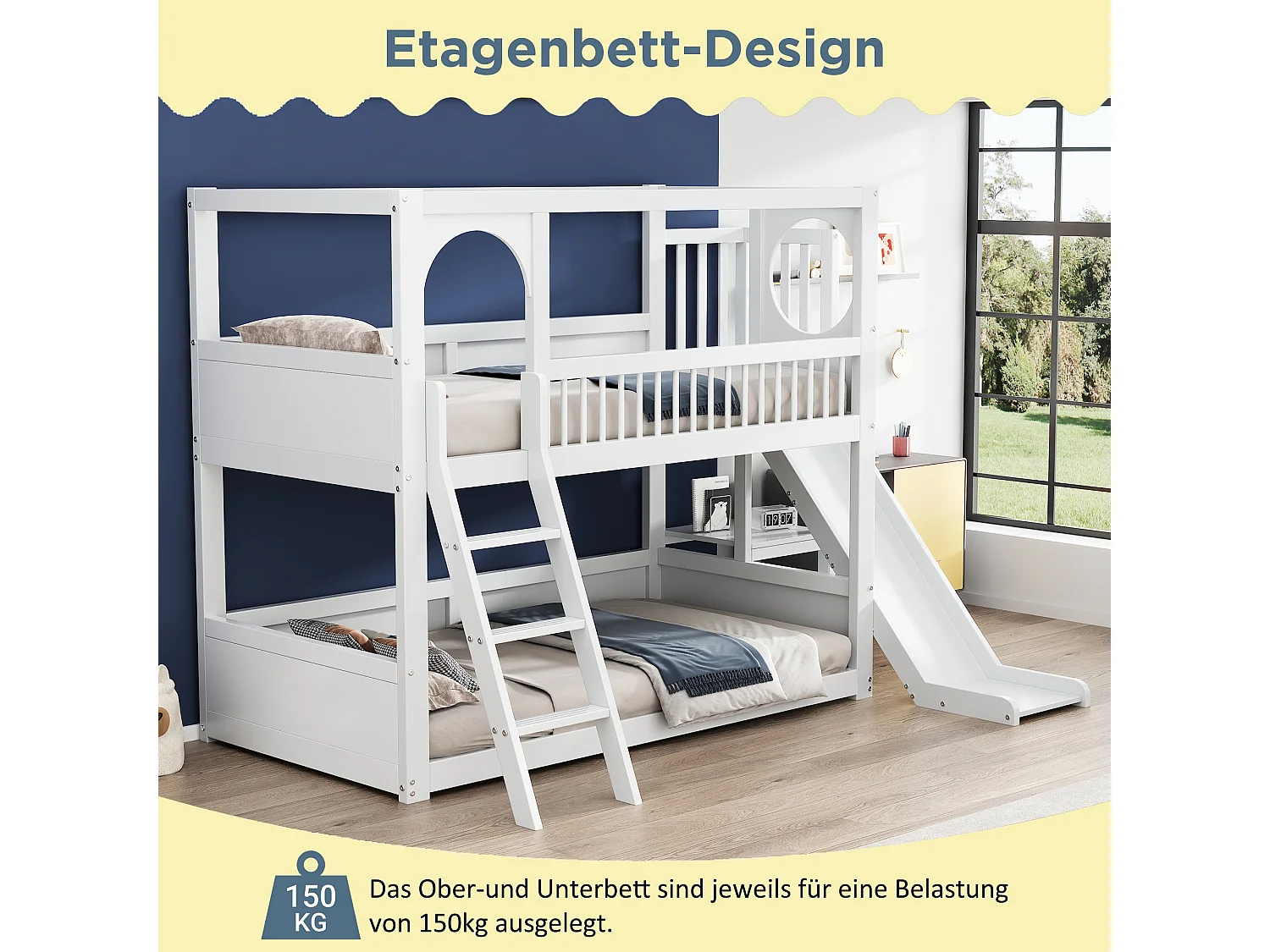 Lit superposé 2 x 90 x 200 cm avec étagères et toboggan - lit cabane enfant en bois massif - sommier à lattes - blanc