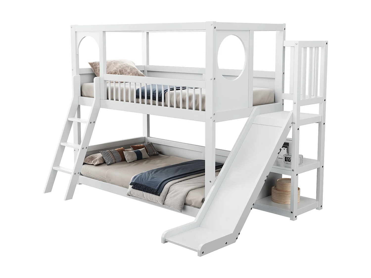 Lit superposé 2 x 90 x 200 cm avec étagères et toboggan - lit cabane enfant en bois massif - sommier à lattes - blanc