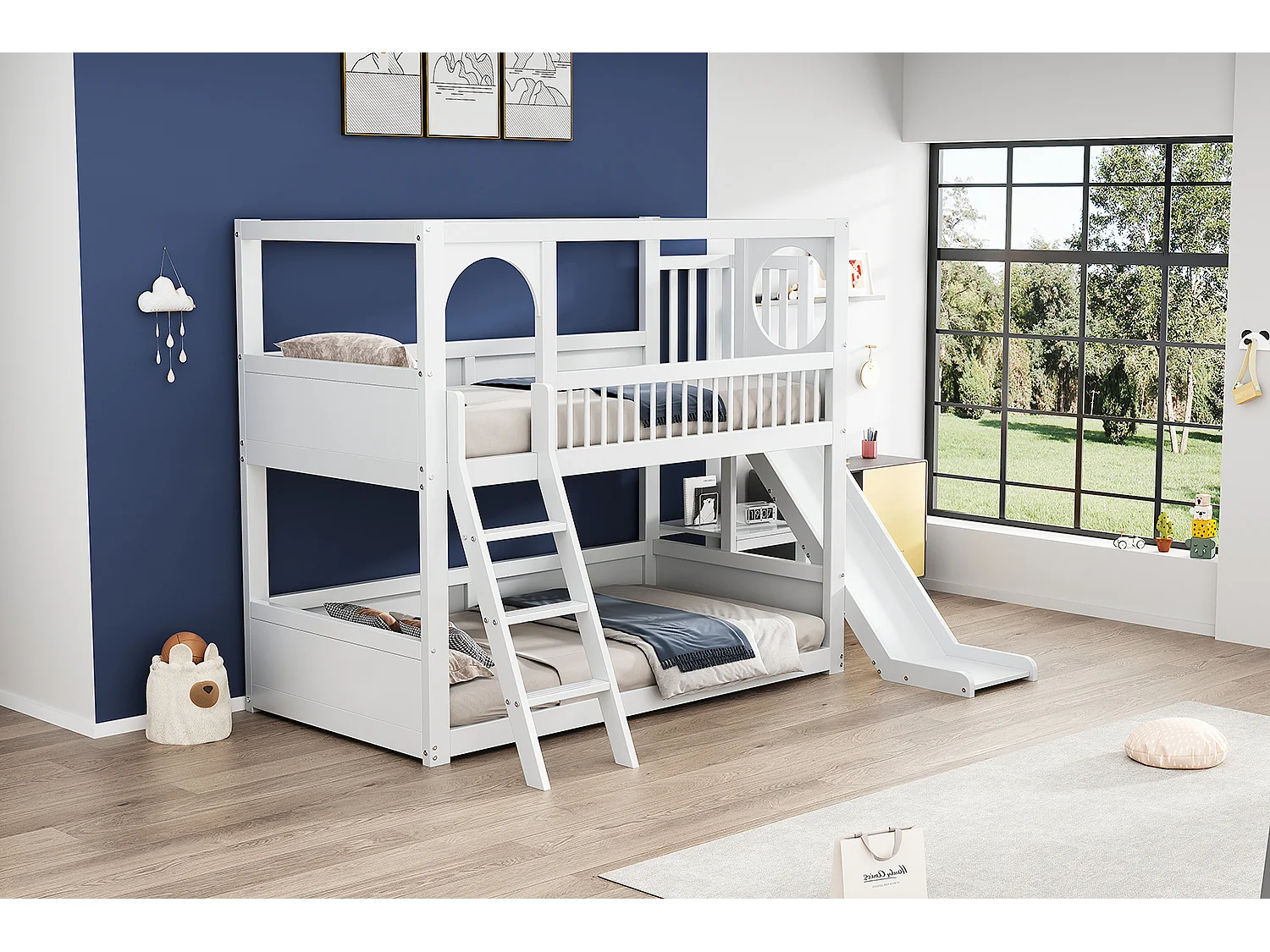 Lit superposé 2 x 90 x 200 cm avec étagères et toboggan - lit cabane enfant en bois massif - sommier à lattes - blanc