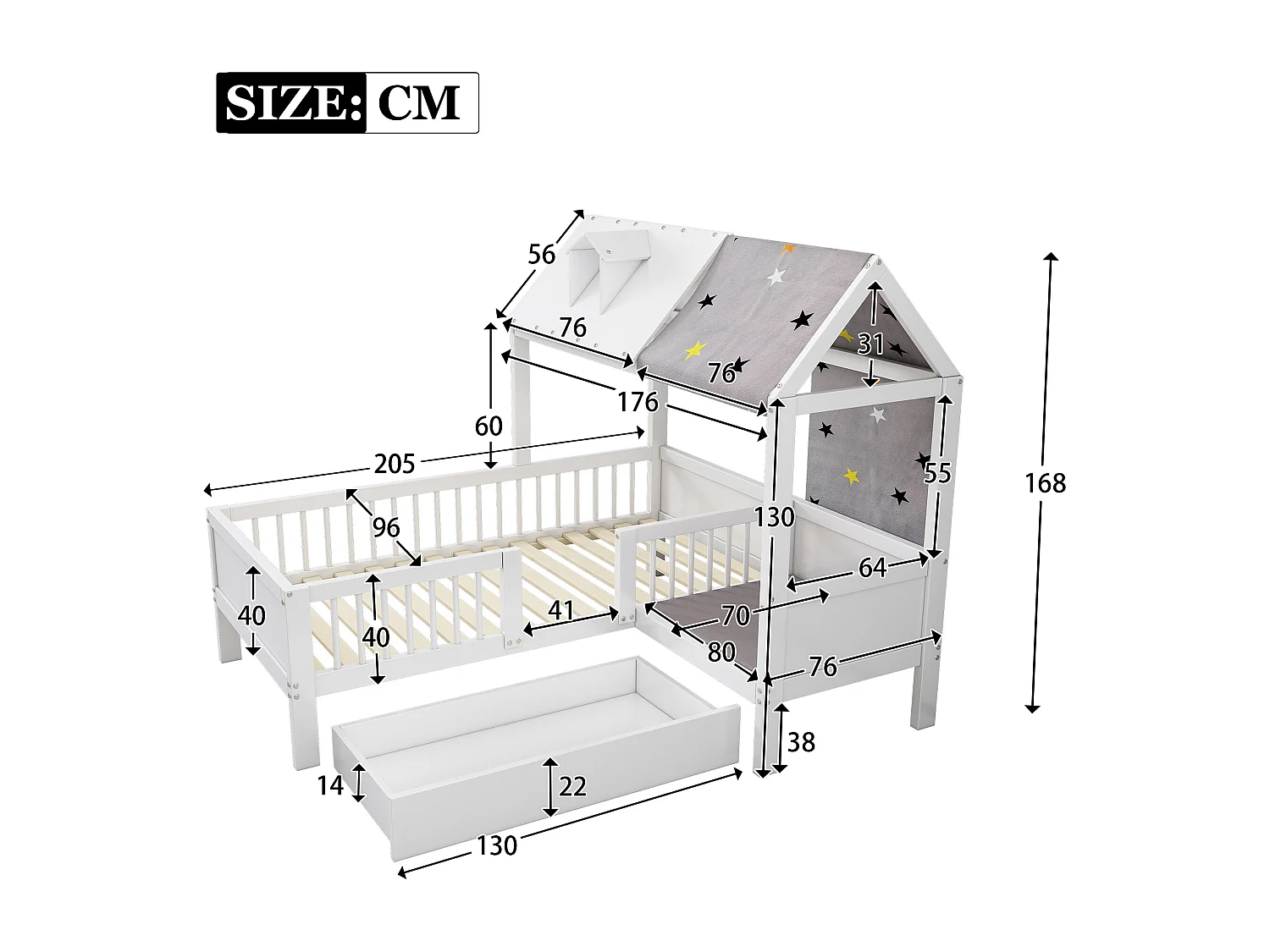 Lit cabane 90 x 200 cm avec grand tiroir et toile de tente - bois massif - sommier à lattes - blanc